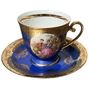Taza y platillo vintage Lietner Wiesau azul dorado Baviera Alemania pareja de cortejo - Imagen 1 de 6