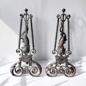 Monumental Antique Pair of Wrought Iron Celtic Triquetra Merman Merrow Andirons - Picture 1 of 10