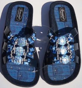 GRANDCO SANDALkS Beach Pool SLIDE BLING Beaded BLUE DENIM SLIDE Flip Flops - Picture 1 of 1