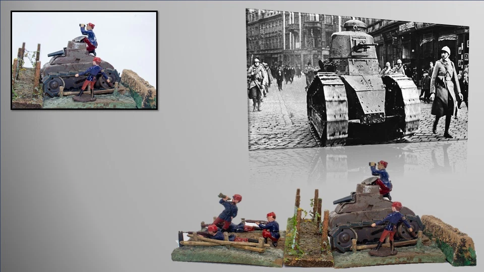 De colección Primera Guerra Mundial "Batalla de Ypres" 6 cm Elastolin Soldiers y tanque "Renault" (c.1936) Foto 1 de 4