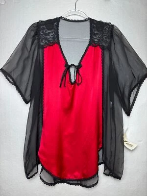 Sheer Red & Black Lace Silk Babydoll Shirley Of Hollywood One Size SEXY VINTAGE - Image 1 of 4