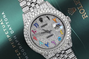 Custom Rolex Datejust Steel 36MM Arabic Script Pave Dial Diamond Watch