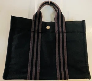 Hermes Canvas 2 Handle Black Medium Tote Handbag Gray/Black Stripe handles - Picture 1 of 16