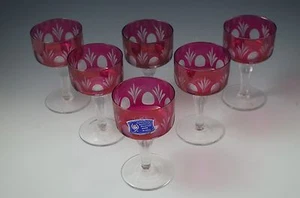 VINTAGE ITALIEN GESCHLIFFEN AUF KLARGLAS 6ER SET MARSALA WEINKELCHE CRANBERRY, VERPACKT - Bild 1 von 8