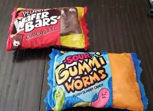 Sour Gummi Gummy Worms Wafer Bars Chocolate Plush Pillow 12" Candy Toy Gift LOT - Picture 1 of 10