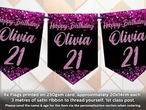 PERSONALISED BIRTHDAY BUNTING BANNERS SPARKLY BANNER ANY NAME AGE - Picture 1 of 28