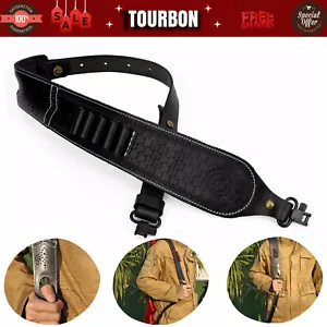 TOURBON Black Leather Rifle Sling Ammo Holder Finger Rest Strap+Gun Mount Swivel - Picture 1 of 24