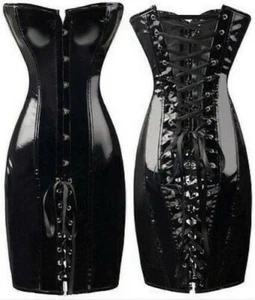 Sexy Women PVC Basque Lace Up Dress Bodycon Boned Corset Costume Shaper dress - Bild 1 von 10