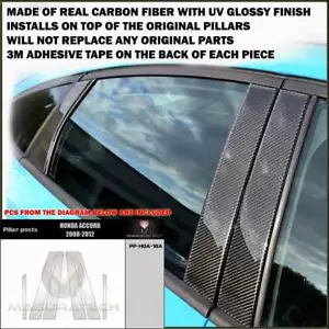 POSTES DE PILAR DE VENTANA DE FIBRA DE CARBONO NEGRO REAL HONDA ACCORD 2008-12 - 6 PIEZAS - Imagen 1 de 1