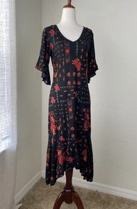 Vestido De Colección Y2K S Midi Rojo Floral Oscuro Hada Grunge Romántico Años 90 Manga Campana - Imagen 1 de 8