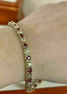 14K Yellow Gold Plated 9.00Ct Round Cut Lab Created Ruby Women's Tennis Bracelet - Picture 1 of 7