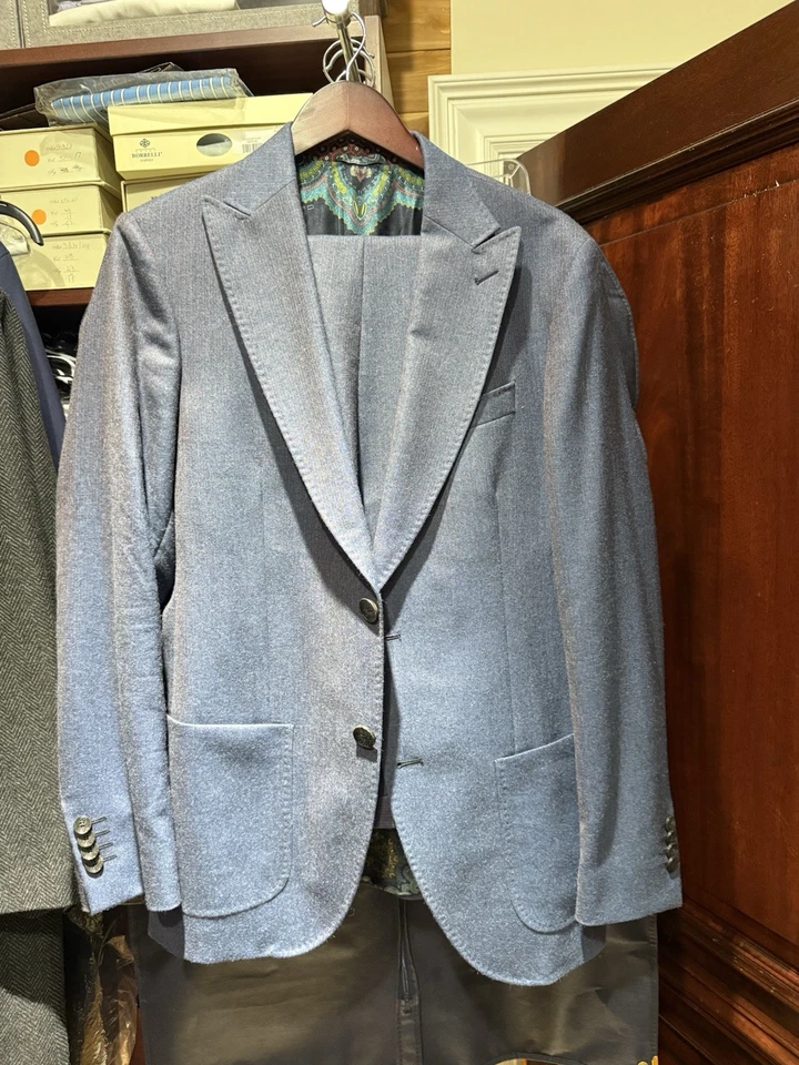 Traje de lana azul para hombre Etro Milano 48R (US 38R) - Costura reparada - Forro de cachemira Foto 1 de 4