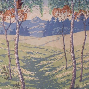 Jugendstil Farbholzschnitt Frühlingstag Berglandschaft Karl Johne signiert 20 Jh - Bild 1 von 4