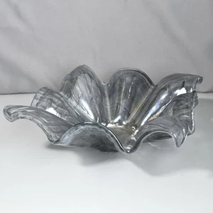 Mundgeblasene Kunstglas gekräuselte Schale Rauchwirbel opalisierend 14" Studioglas - Bild 1 von 20