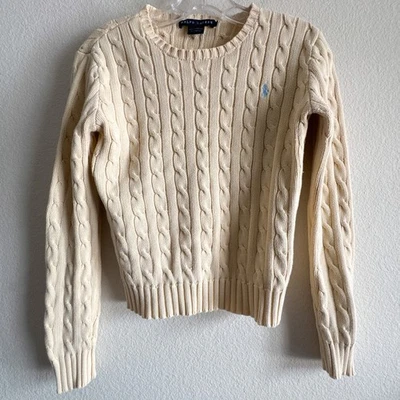 Винтажный Ralph Lauren кабель вязаный свитер маленький Гонконг Y2K кремовый желтый бежевый - Изображение 1 из 4