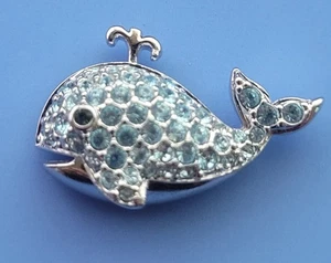 Swarovski  Whale Pin (Signed) Silver Encrusted With Blue Crystals Lapel Tie Hat  - Picture 1 of 11