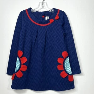 Rare Editions Dress Sz 4-5 Royal Blue Groovy Flower Pockets Chevron Pleats Bow - Picture 1 of 9