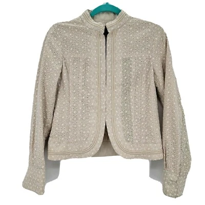 Blazer Willi Smith Mujer 4 Tostado y Blanco 100% Algodón Ojales Superposición Bordado Foto 1 de 4