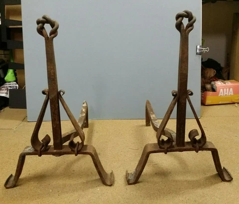 Antique 23" Hand Forged Wrought Iron Fireplace Andirons, Primitive Twisted Loop Cover