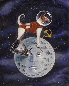 Soviet Space Poster Canvas HQ Print 8x10+1'' Border SPACE DOG LAIKA MOON - Picture 1 of 1