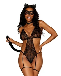 FRISKY KITTY LACE GARTER TEDDY 4 PIECE SET BEDROOM COSTUME BLACK - Picture 1 of 4
