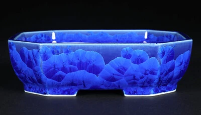 Japanese Bonsai Pot HEIAN SENZAN 6.5"(16.5cm) Blue Glazed Rectangle K351 - Image 1 of 4