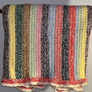 Handmade Heavy Crochet Sofa Throw Blanket Rainbow Striped 6 Foot Afghan