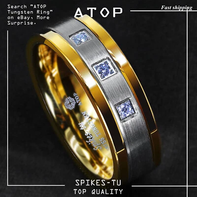 8 毫米镀金属钨戒指拉丝立方锆石 ATOP 男式结婚戒指 — 第 1/4 张图片