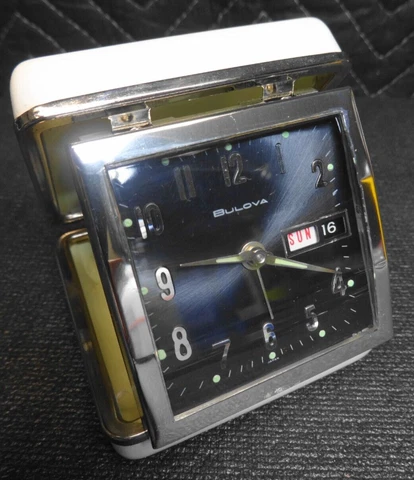 Vintage Bulova 30 Hour Key Wind Travel Alarm Clock, Black Face, Chrome Numbers Cover
