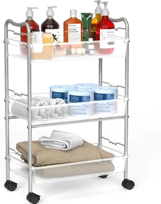 Carro de almacenamiento de metal rodante de 3 niveles plateado organizador utilitario con ruedas Foto 1 de 4