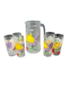 Vintage 1980s Fruit Frosted Glass Pitcher Jug Made In France Water & 6 Glasses - Picture 1 of 7