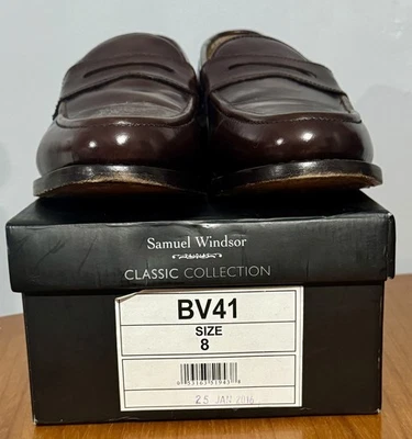 Mens Samuel Windsor BV41 Brown Leather Penny Loafers Shoes Size UK 8 with Boxe - Image 1 of 4