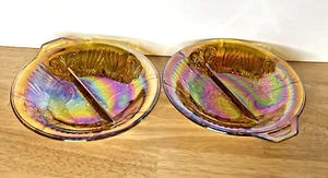VTG Set of 2 Amber Carnival Glass Marigold Divided Relish Dish Candy Bowl - Picture 1 of 7