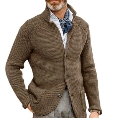  Men's Single Breasted Knit Cardigan Stand Collar Slim Fit Sweater Casual Jacket - Image 1 of 4
