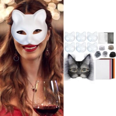 Máscara facial de gatos máscara sin pintar para Halloween con tela adhesiva ribete peludo Foto 1 de 4