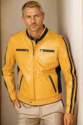 Mens Cafe Racer Style Yellow Leather Jacket Vintage Slim Fit Biker Motorcycle - Image 1 of 4