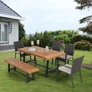 7Pcs Rattan Patio Dining Furniture Set Wooden Bench Table Wicker Outdoor Chairs - Picture 1 of 11