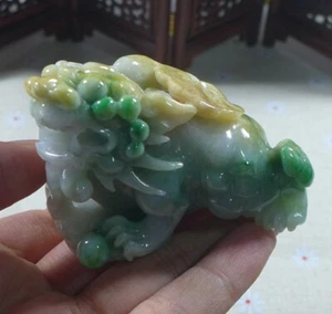 Vintage Natural Type A Jadeite Jade Yellow Green Big Foo Dog Pixiu Statue - Picture 1 of 12