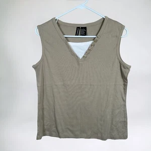 Jason Maxwell Large Womens Tank Top Sleeveless Beige White Cotton Blend V-Neck - Picture 1 of 8