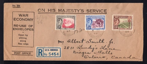 Dominica 1944 Registered OHMS Cover to ON w/ 2p, 2 1/2p and 3p, Scott 100-102 Cover