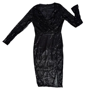 Black Sequin Long Sleeve Dress Small V Neck Wrap Party Holiday Cocktail Glam - Picture 1 of 14