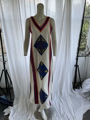 Vintage Josefa 1960s Mexican Hand Embroidered Applique Maxi Caftan Dress - Image 1 of 4