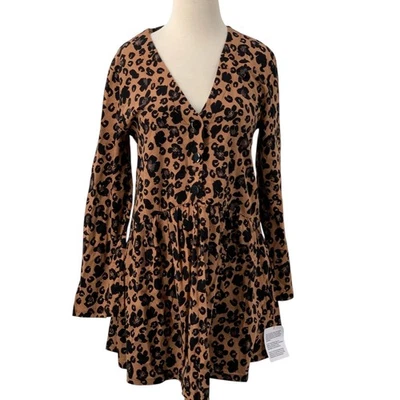 ASOS DESIGN Leopard Button Front Tunic Dress Mini Long Sleeve Tan/Black Size 4 - Image 1 of 4