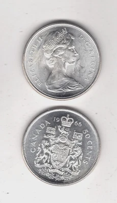 TWO (2x) CANADA 1966 SILVER 50¢ HALF DOLLARS, 80% Silver Coins - UNCIRCULATED! - Image 1 of 2
