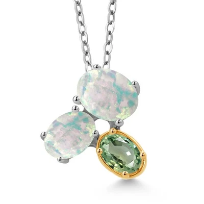 Collar Colgante Plata 925 y Oro Amarillo 10K Ópalo Blanco y Zafiro Verde Foto 1 de 4