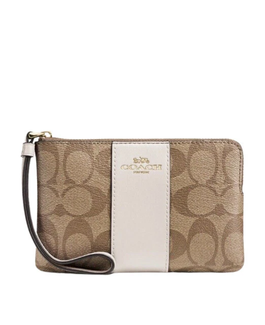 Coach F58035 Signature PVC Leather Corner Zip Wristlet - Beige