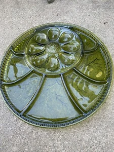 Vintage 13" INDIANA GLASS GREEN Deviled Egg Vegetable Relish Dish Serving Tray - Picture 1 of 5