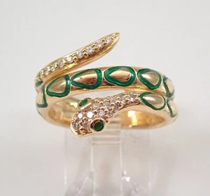 Anillo Serpiente Oro Amarillo 14K Diamante Esmalte Verde Esmeralda Talla 7 - Imagen 1 de 6