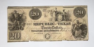 1839 $20 La República de Texas, Departamento del Tesoro - Imagen 1 de 5