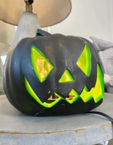 Light Up Halloween Jack O Lantern Pumpkin Black & Neon Green Working 9" - Picture 1 of 2